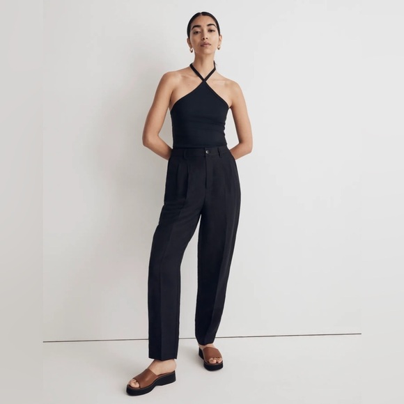 Madewell Black Linen Elastic Waist Pleated Tapered Leg Lagen Look Pants Sz 8 - Picture 1 of 16